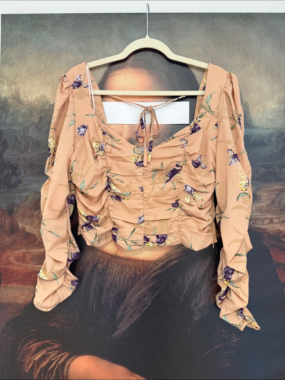 Velvet Peach Floral Ruched Long-Sleeve Crop Top